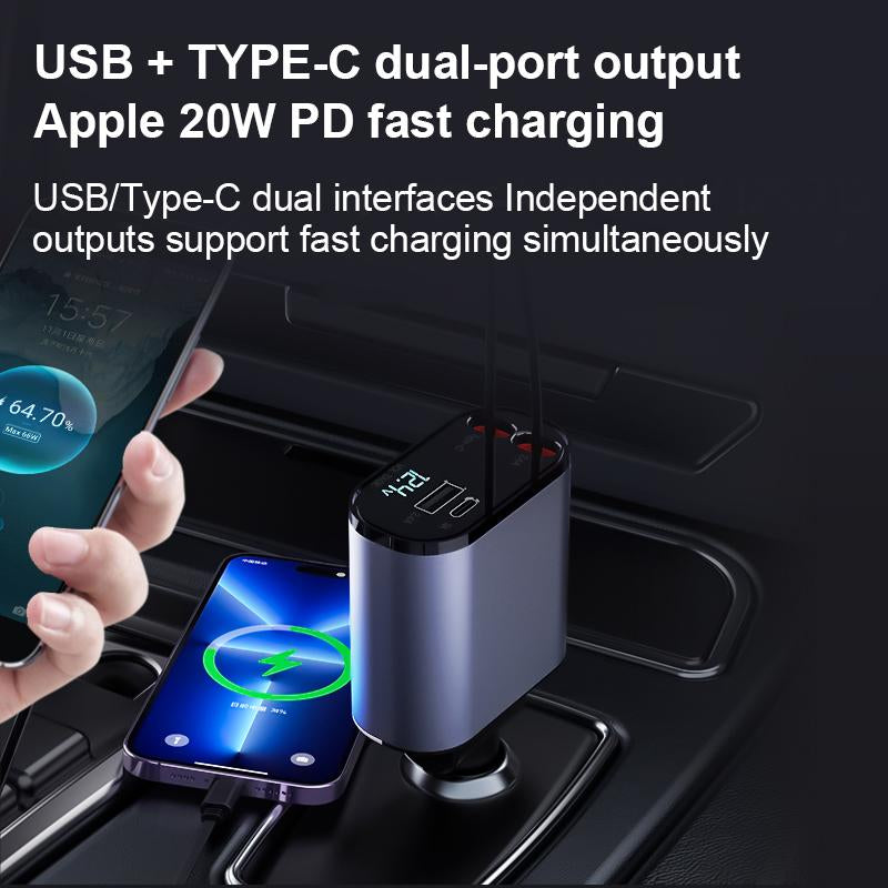 4 in 1 Retractable Car Phone Charger 100W Super Fast Charging Built-In Retractable Cable Support, Car Charger, Lightning / Type-C One-To-Four Super Fast Charginguniversally Compatible with All Car Models USB + TYPE-C Dual-Port Outputapple PD Fast Charging