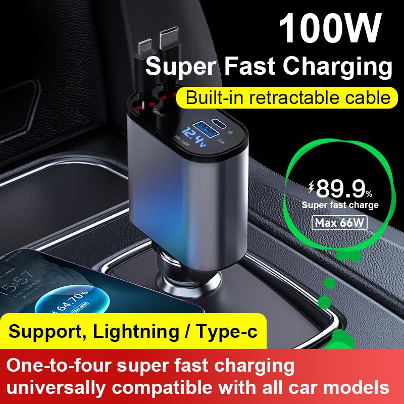 4 in 1 Retractable Car Phone Charger 100W Super Fast Charging Built-In Retractable Cable Support, Car Charger, Lightning / Type-C One-To-Four Super Fast Charginguniversally Compatible with All Car Models USB + TYPE-C Dual-Port Outputapple PD Fast Charging