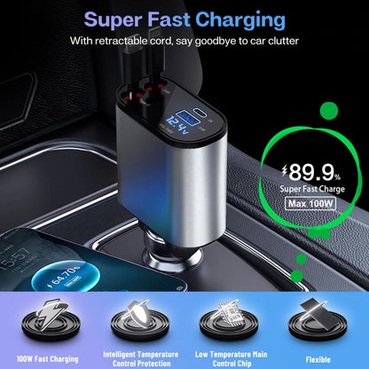 4 in 1 Retractable Car Phone Charger 100W Super Fast Charging Built-In Retractable Cable Support, Car Charger, Lightning / Type-C One-To-Four Super Fast Charginguniversally Compatible with All Car Models USB + TYPE-C Dual-Port Outputapple PD Fast Charging