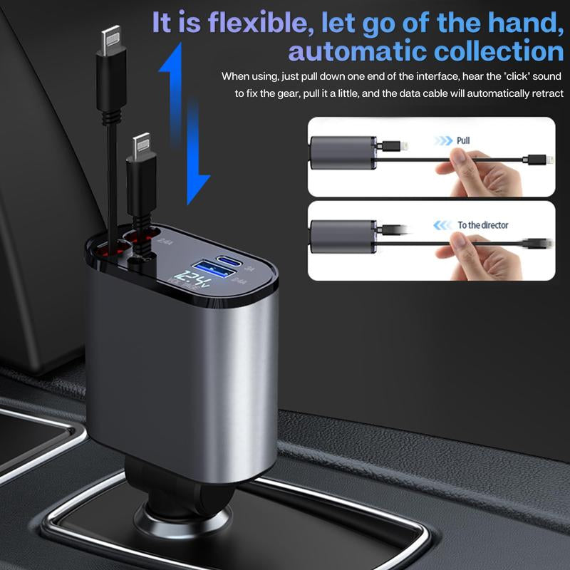 4 in 1 Retractable Car Phone Charger 100W Super Fast Charging Built-In Retractable Cable Support, Car Charger, Lightning / Type-C One-To-Four Super Fast Charginguniversally Compatible with All Car Models USB + TYPE-C Dual-Port Outputapple PD Fast Charging