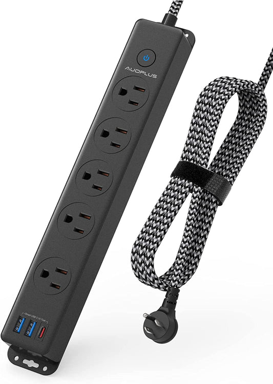 Surge Protector Power Strip with USB C Ports, 5FT Braided Extension Cord, 5 Outlets and 3 USB Ports(1 USB C),  Mountable Power Strips Flat Plug with Overload Protection