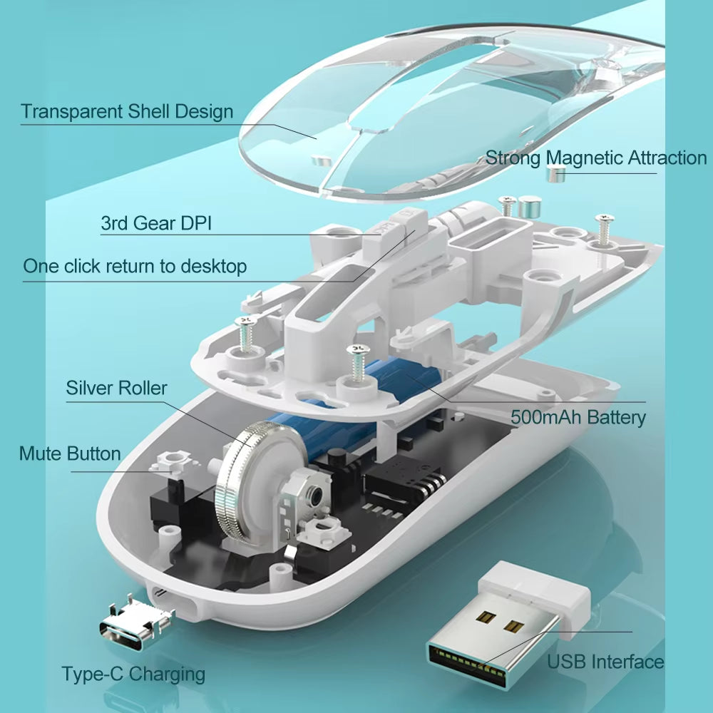 Transparent Wireless Mouse Dual Mode 2.4G Bluetooth-Compatible Rechargeable Mouse Noiseless Cordless Computer Mice for PC Laptop