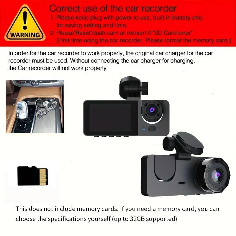 3 Channel Dash Cam for Front & Rear Inside, Full HD Deg Wide Angle Dashboard Camera, 2.0 Inch IPS Screen Dashboard Camera