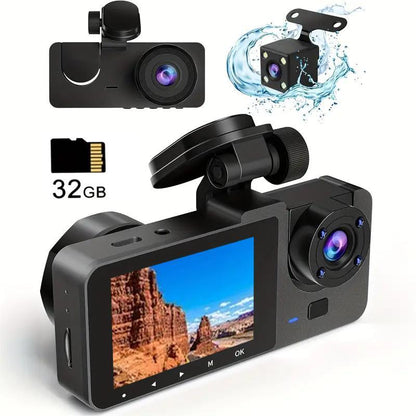 3 Channel Dash Cam for Front & Rear Inside, Full HD Deg Wide Angle Dashboard Camera, 2.0 Inch IPS Screen Dashboard Camera