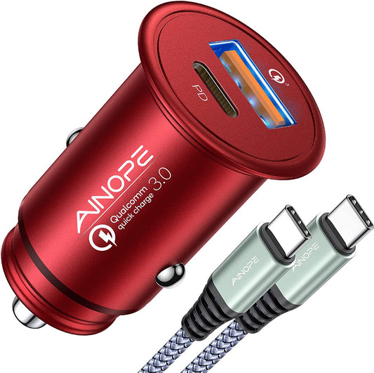 67.5W Car Charger USB C Fast Charging, [Mini & Compact] Iphone 16 Car Charger, Dual Port QC3.0 Cigarette Lighter Adapter USB Charger, Car Charge for Iphone 16 15 Samsung Galaxy Android, Red